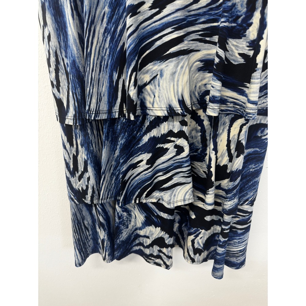 Tiana B Blue Black Swirled Marble Empire Waist Cap Sleeve Tiered Dress Sz M - Picture 5 of 11